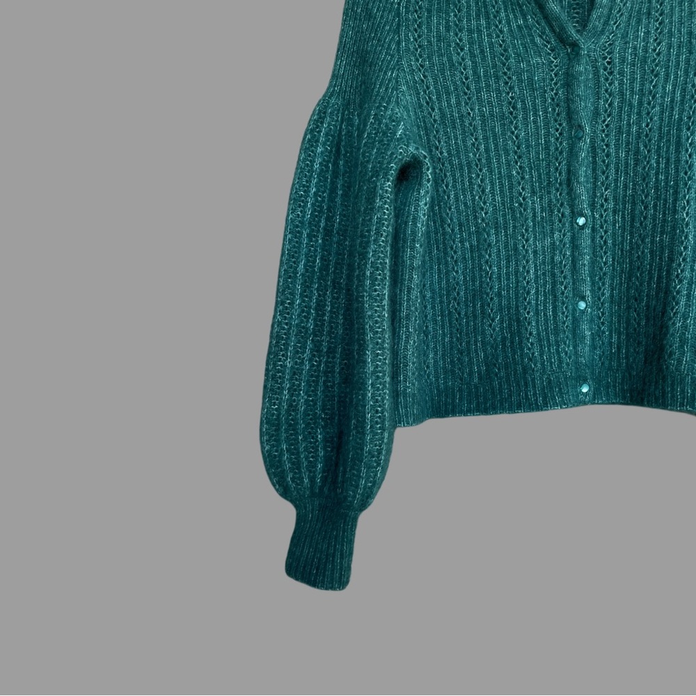 SEZANE Emerald Teal Green Mohair Wool Balloon Sleeve Alyssa Cardigan Sweater - Picture 7 of 13